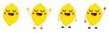 Cute kawaii style lemon fruit icon, eyes closed, smiling with opened mouth. Version with hands raised, down and waving