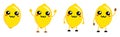 Cute kawaii style lemon fruit icon, with large eyes, animal like nose. Version with hands raised, down and waving