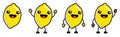 Cute kawaii style Lemon fruit icon, outlined, large eyes, smiling with open mouth. Version with hands raised, down and waving