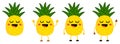Cute kawaii style Pineapple fruit icon, eyes closed, smiling with open mouth. Version with hands raised, down and waving