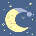 Cute Kawaii Style Sleeping Crescent Moon With Blue Night Cap and Stars Night Scene Vector Illustration Royalty Free Stock Photo