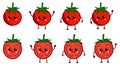 Cute kawaii style tomato icon, whole and sliced. Version with hands raised, down and waving