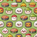 Cute kawaii sushi and Asian food pattern Royalty Free Stock Photo