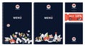 Cute kawaii Sushi family, rolls. Vector corporate identity of the restaurant, sushi bar, menu sale card, coupon