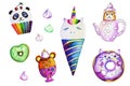 Cute Kawaii sweets, unicorn ice-cream, panda cupcake, cat donut