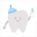 Cute kawaii tooth holding milk bottle. Vector teeth icon for children design. Funny dental care picture for kids. Dentist baby