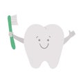 Cute kawaii tooth holding toothbrush. Vector teeth icon for children design. Funny dental care picture for kids. Dentist baby