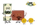 Cute kawaii vector illustration of money characters: old bundle of dollar bills, brown leather wallet and couple of golden coins.