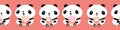 Cute Kawaii vector panda seamless border. Banner of black and white sitting cartoon bears holding backpacks and pencils Royalty Free Stock Photo