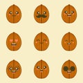 Cute and kawaii walnut flat design vector illustration. walnut emoji, emoticon with many expression face