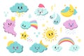 Cute kawaii weather icons. Clouds, rain, sun, stars, lightning, rainbow. Japanese cartoon manga style. Funny anime Royalty Free Stock Photo