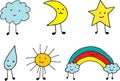 Cute kawaii weather icons. Doodle cartoon simple drawing collection. Colorful elements. Vector illustration Royalty Free Stock Photo