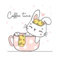 Cute kawaii white bunny rabbit soaking in coffee cup, cute cartoon character animal hand drawing doodle