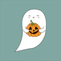 Cute kawaii white ghost with sweet funny face holding Jack o lantern pumpkin flying in the air. Holiday card template design