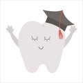 Cute kawaii wisdom tooth with academic hat. Vector teeth icon for children design. Funny dental care picture for kids. Dentist