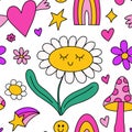 Cute kawaii y2k daisy seamless pattern background with daisy chamomile flower, hearts, rainbow, trippy groovy mushroom Royalty Free Stock Photo