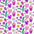 Cute kawaii y2k daisy seamless pattern background with smiling tulip flower, heart with eye, stars, strawberry. Bright