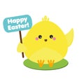 Cute kawaii yellow chicken holding greeting banner. Easter symbol