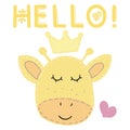 Cute kawaii face of a giraffe in a crown and the inscription hello , children toy, vector illustration with decorative stitching