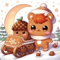 A cute kawaio ginggerbread with acorn car, in a cute christmas, star, moon, christmas tree, wallnut, snow, white background Royalty Free Stock Photo