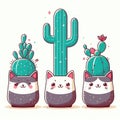 cute kawaita cats with a cacti plant illustration Royalty Free Stock Photo