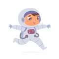 Cute kid astronaut in spacesuit and helmet running, discovery of galaxy, spacewalk
