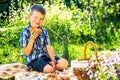 Cute kid boy having picnic Royalty Free Stock Photo