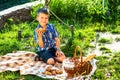 Cute kid boy having picnic Royalty Free Stock Photo