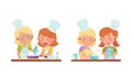 Cute kid chef characters set. Adorable children cooking and baking in the kitchen cartoon vector illustration Royalty Free Stock Photo