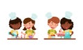 Cute kid chef characters set. Cheerful children little baking cupcakes and cake in kitchen cartoon vector illustration