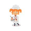 Cute kid cooking soup or sauce. Funny little girl with ponytails in chef uniform. Flat vector design Royalty Free Stock Photo