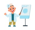 Cute kid doctor. Cartoon boy in white medical suit with pointer at blackboard talking about virus. Hospital consultation