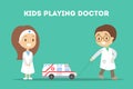 Cute kid in doctor uniform play with car