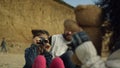 Cute kid enjoy photography on family beach picnic. Happy family relax on nature. Royalty Free Stock Photo