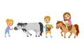 Cute Kid Feeding Their Horses with Grass and Carrot Vector Set Royalty Free Stock Photo