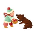 Cute kid girl in autumn clothes give to wild bear food