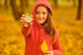 Cute kid girl holds a alarm clock in the Autumn park. Royalty Free Stock Photo