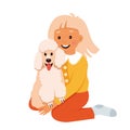 Cute kid hugging dog, portrait of girl and white poodle puppy, hugs of child and animal Royalty Free Stock Photo