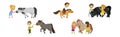 Cute Kid Jockey Riding Horse with Leading Reins and Grooming Vector Set Royalty Free Stock Photo
