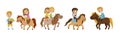 Cute Kid Jockey Riding Horse with Leading Reins Vector Set Royalty Free Stock Photo