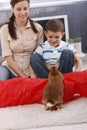 Cute kid and mom playing with rabbit Royalty Free Stock Photo