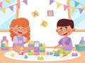 Cute Kid Play Block Toy in Playroom Vector Illustration