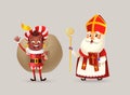 Cute kid with red costume and gift bag and Saint Nicholas or Sinterklaas - celebration Saint Nicholas day - vector illustration Royalty Free Stock Photo