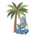 Cute kid sitting under coconut tree with tropical vibe illustration Royalty Free Stock Photo