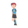 Cute Kid Soccer Player Character, Boy in Black and Blue Sports Uniform Playing Football on School Sports Field Cartoon Royalty Free Stock Photo