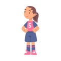 Cute Kid Soccer Player Character, Little Girl in Red and Blue Sports Uniform Playing Football Cartoon Style Vector Royalty Free Stock Photo