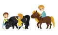 Cute Kid Stroking and Riding Horse Vector Set Royalty Free Stock Photo