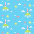 Cute kid summer seamless pattern with sea, lighthouse, cloud, flying airplane Royalty Free Stock Photo