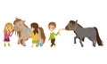 Cute Kid Taking Care of Their Horses Washing with Sponge and Walking with It Vector Set Royalty Free Stock Photo