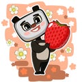 Cute kid Teddy panda Bear stretches out his hand offering treat. He wants to present big strawberries. Funny animal baby